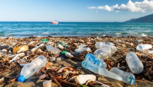 プラスチックごみが散乱する海岸線