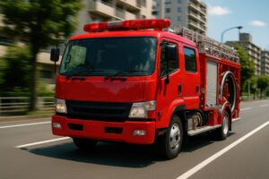 街路を緊急走行する消防車