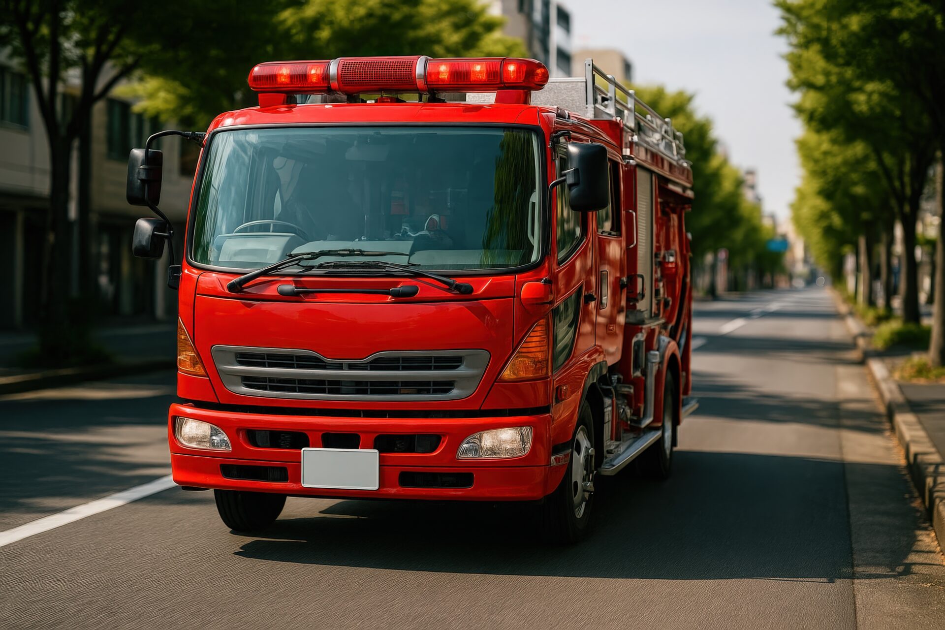 並木道を進む消防のはしご車