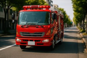 並木道を進む消防のはしご車