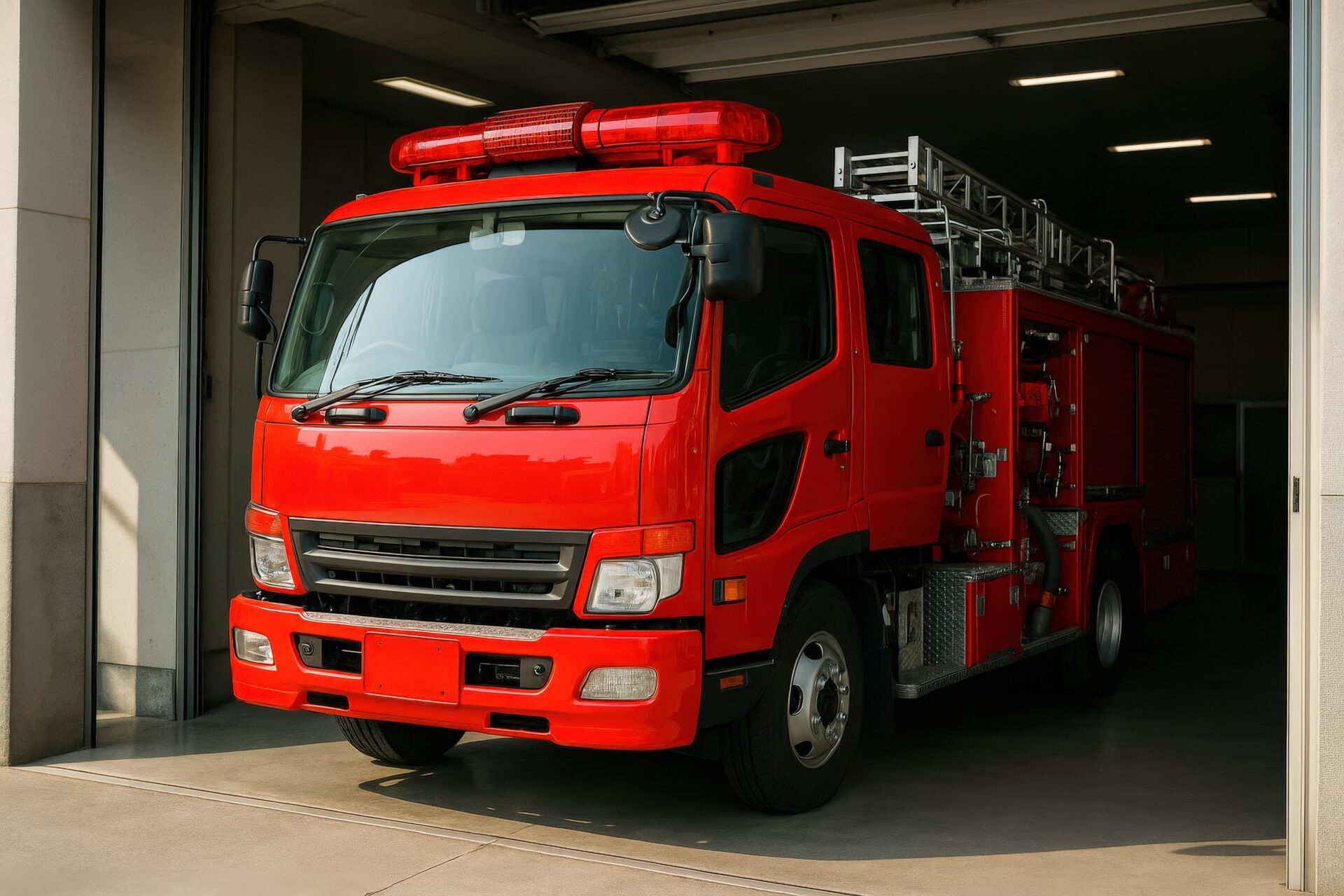 消防署の車庫から出動準備中の消防車