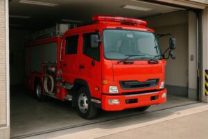 消防署内に待機する赤い消防車両