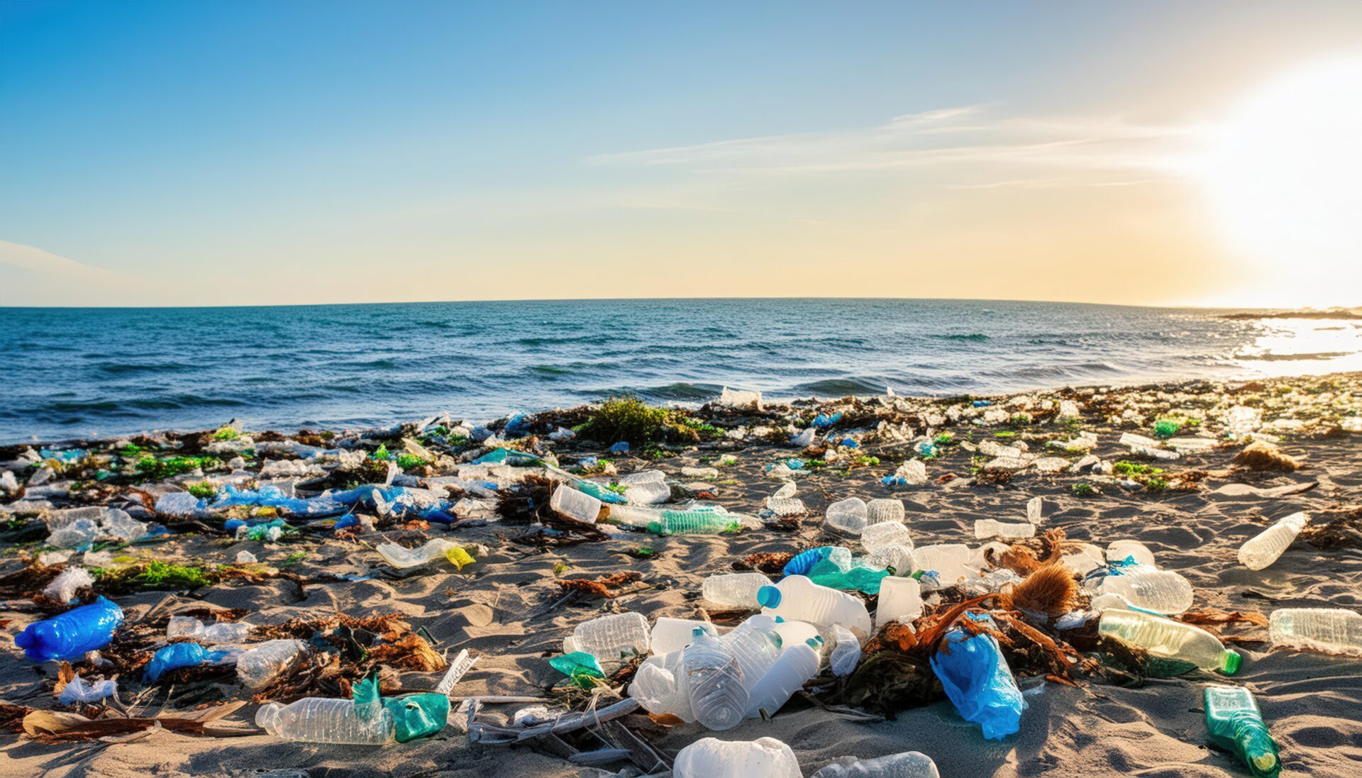 夕日と共に広がる汚染された海岸