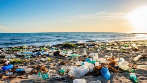 夕日と共に広がる汚染された海岸