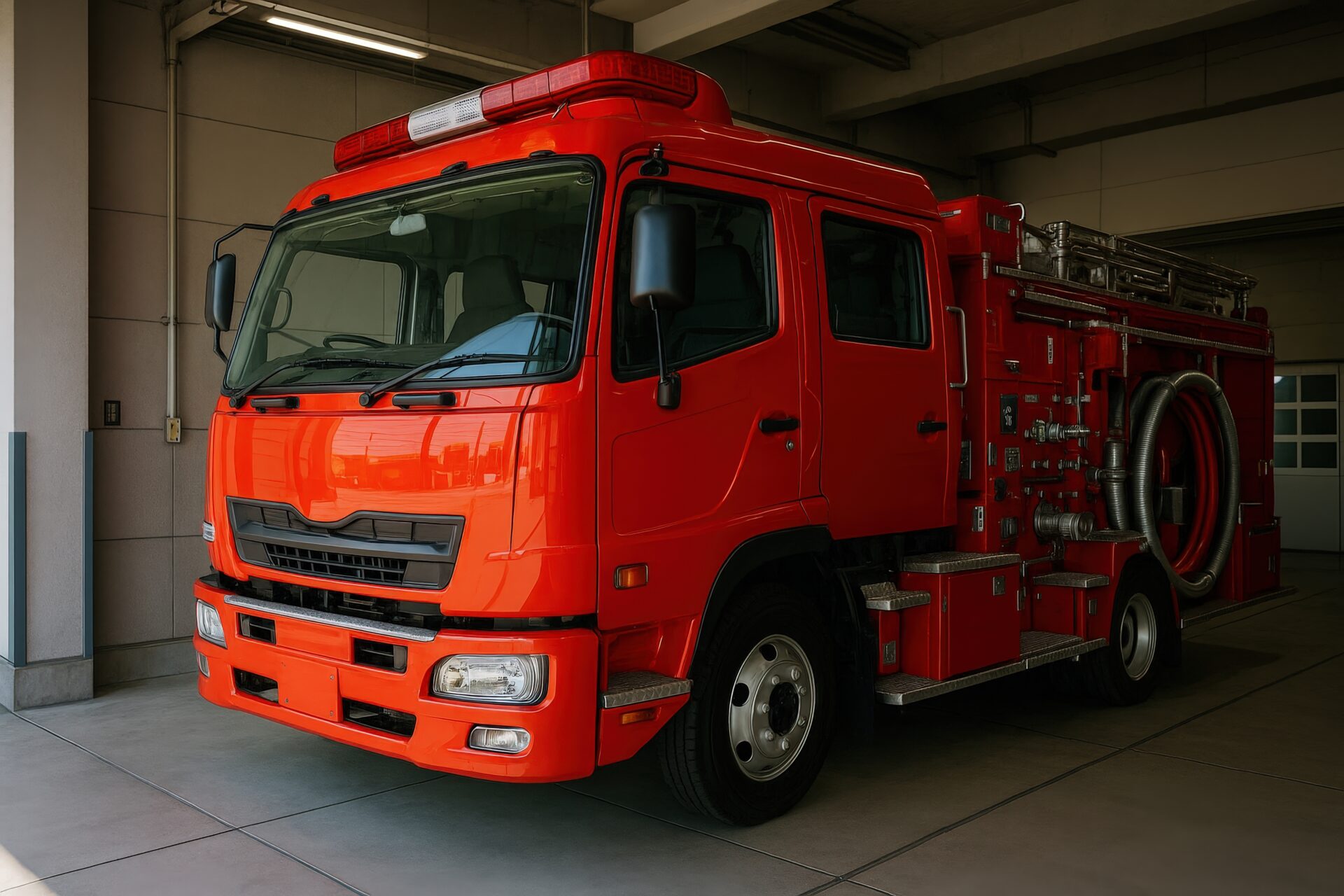 ホースを装備した消防車が待機中