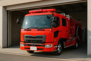消防署前で待機する赤いはしご車