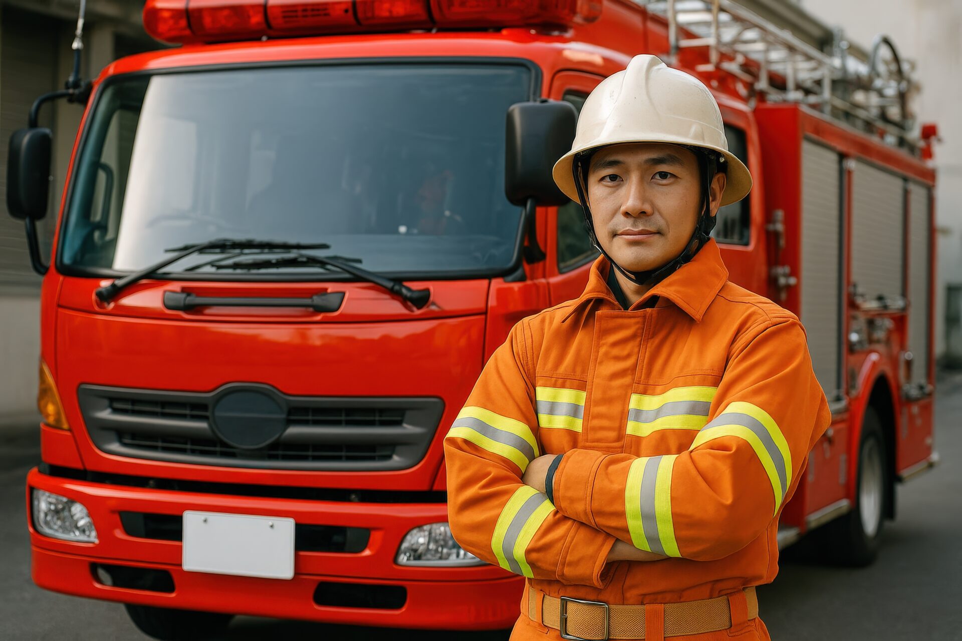 消防車の前で腕を組む消防士