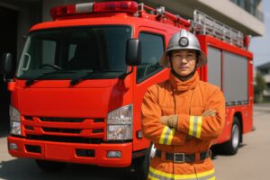 消防車の前に立つ消防士