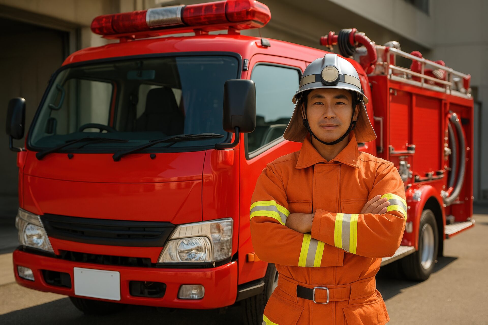 消防車の横に立つ消防士