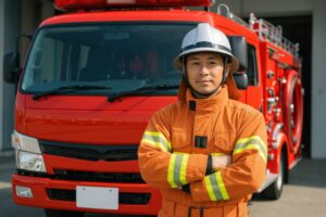 消防車の前で微笑む消防士