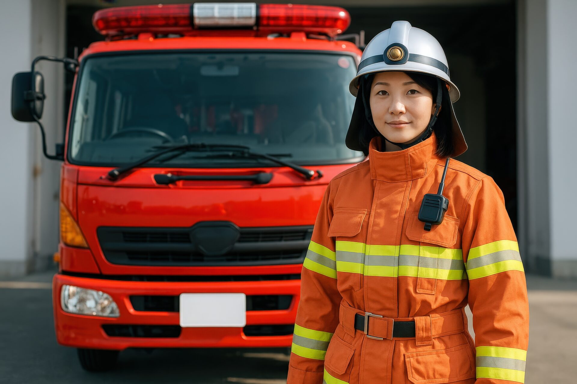 消防車の前で立つ女性消防士