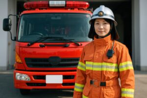 消防車の前で立つ女性消防士