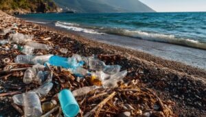 ごみが散乱する海岸の早朝風景