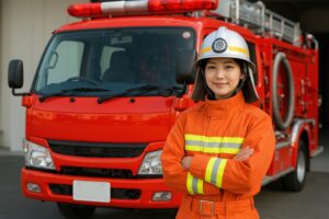 消防車の前に立つ女性消防士