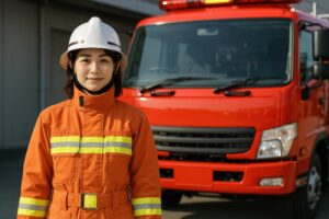 消防車の前で立つ女性消防士