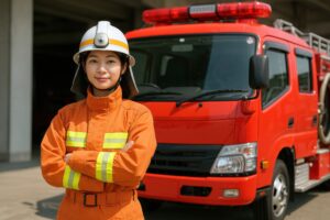 消防車の横に立つ女性消防士