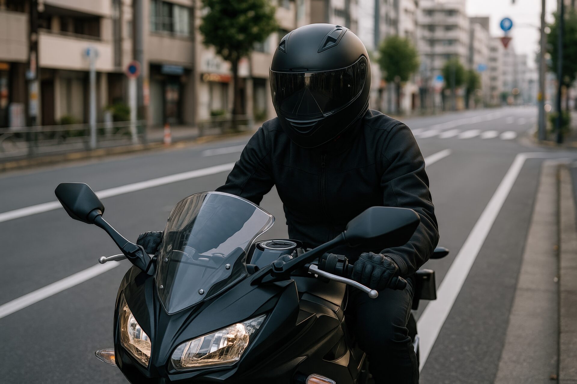 市街地を走行する黒いバイクのライダー