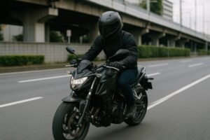 高速道路を走る黒のネイキッドバイク