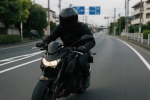 早朝の道路を走る黒いスポーツバイク