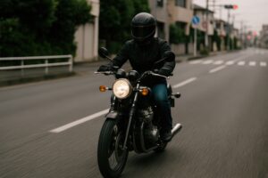 クラシックバイクで走るライダー