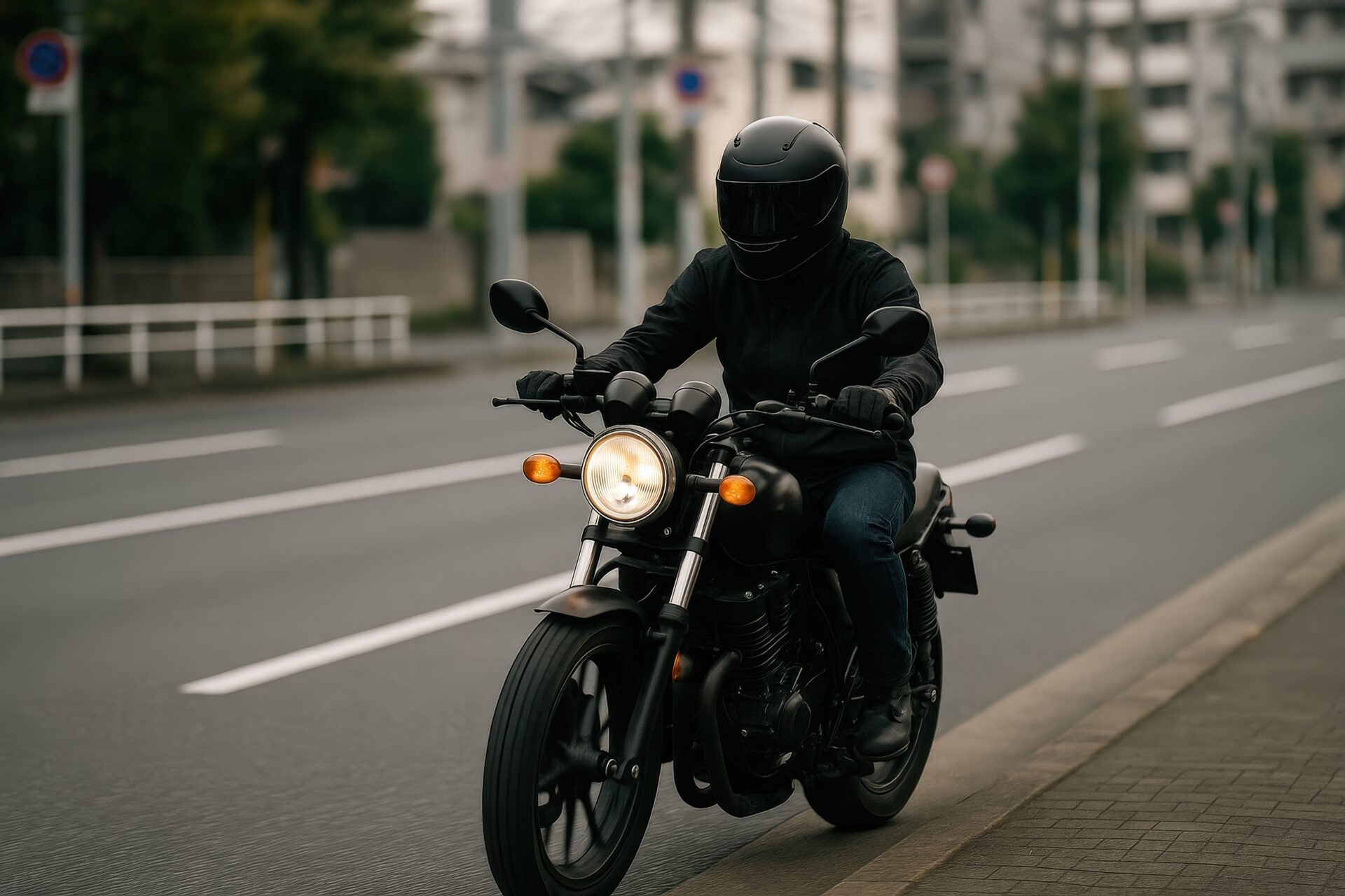 片側通行の道を走るバイク