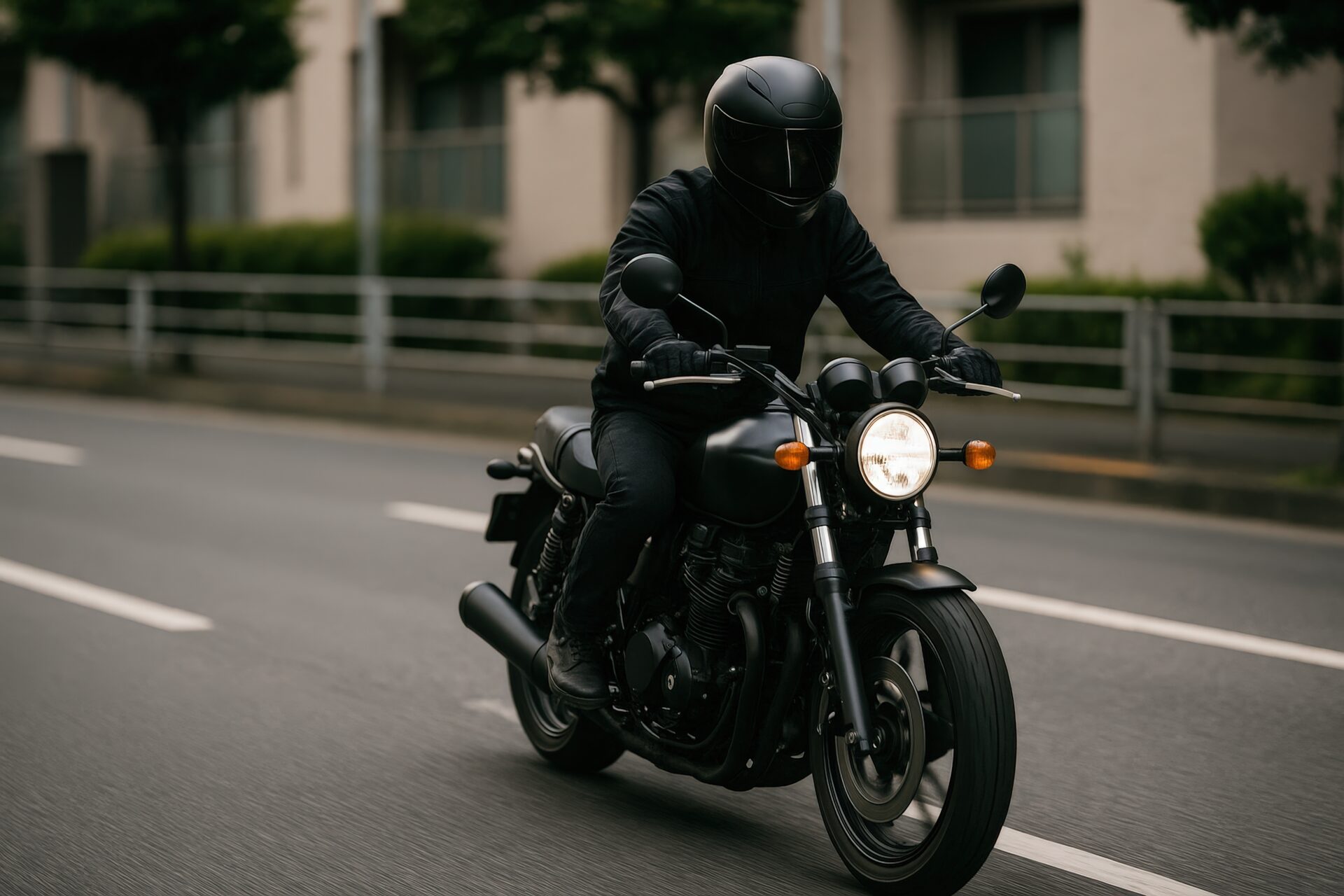 郊外の道を走るクラシックバイク