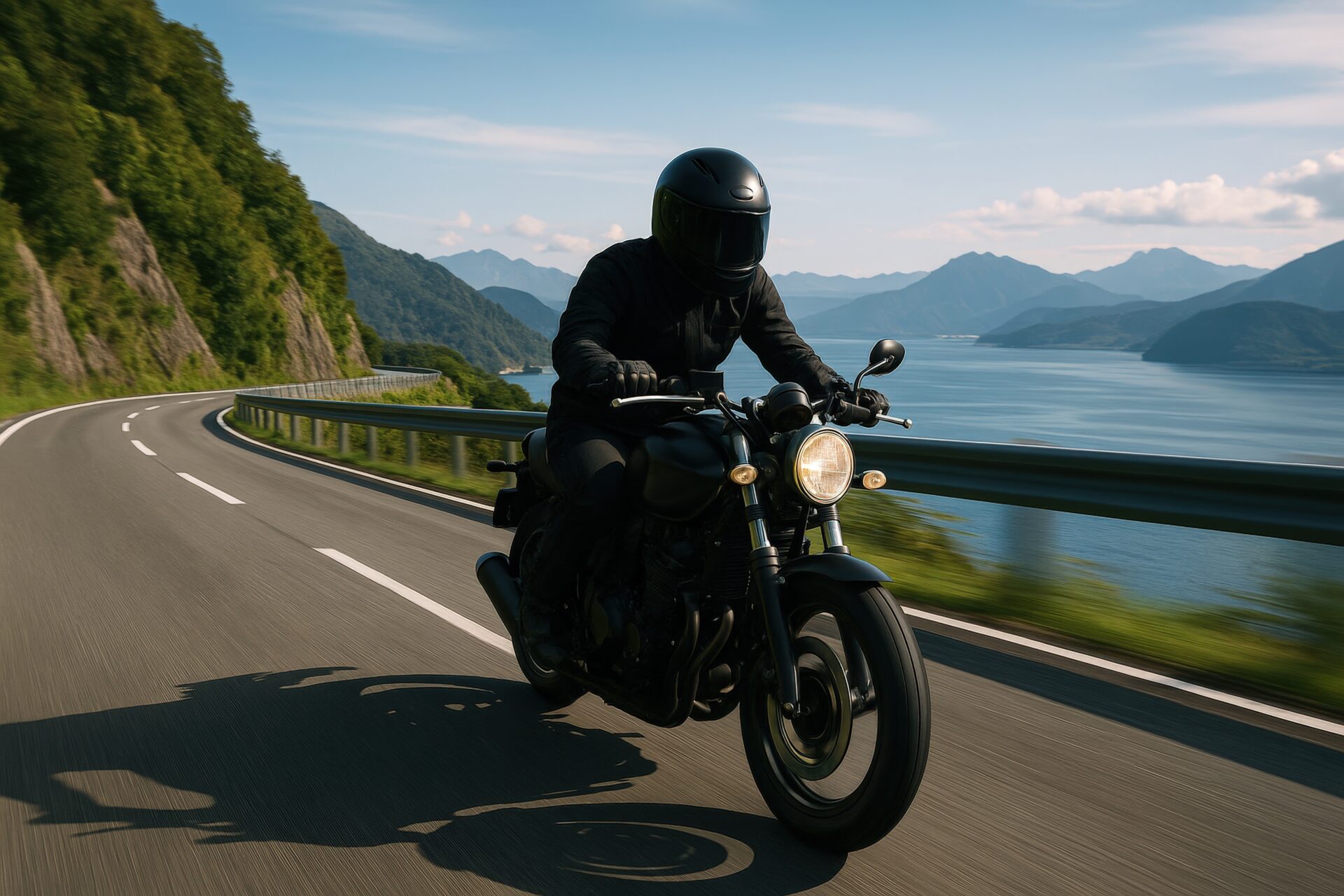 海沿いの道路を走るライダー