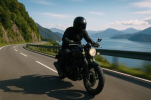 海沿いの道路を走るライダー