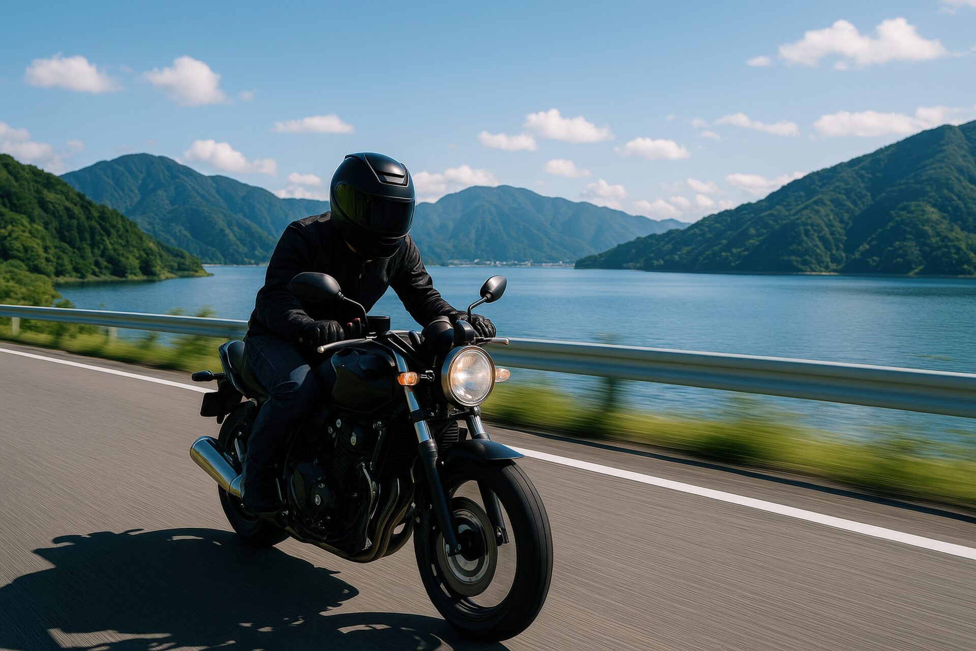 湖畔の道を走るバイクツーリング