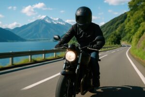 山と湖の景色を背景に走るバイク