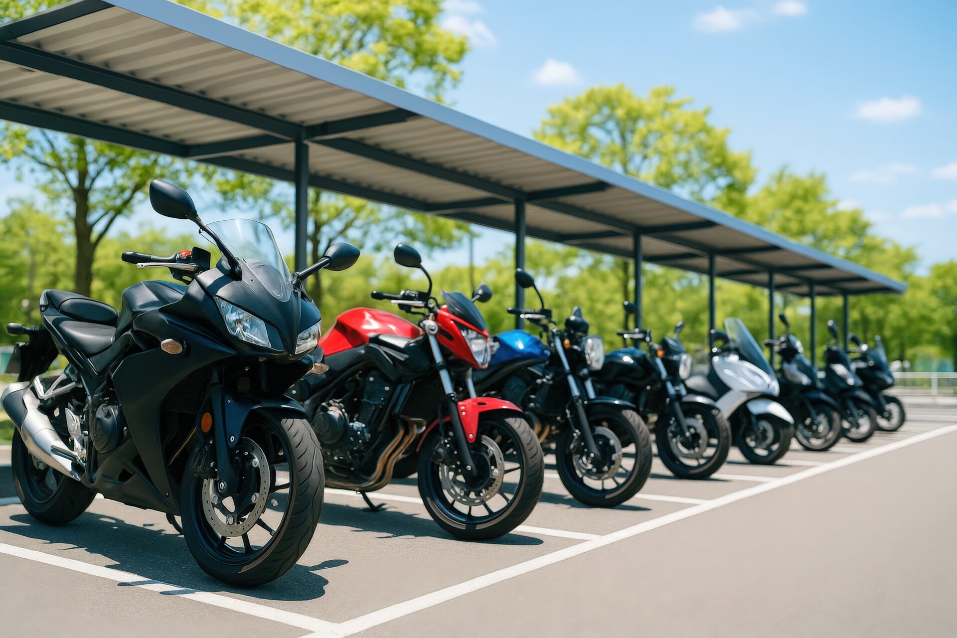 屋根付き駐輪場に並ぶ複数のバイク