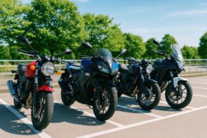 青空の下に整列したバイクたち