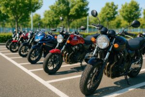 木陰の駐車スペースに並ぶクラシックバイク