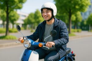 ヘルメットをかぶってスクーターを運転する若い男性