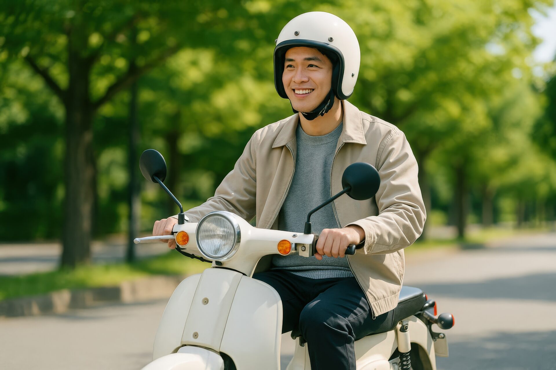 ヘルメットをかぶって白いスクーターに乗る若い男性