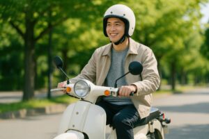 ヘルメットをかぶって白いスクーターに乗る若い男性