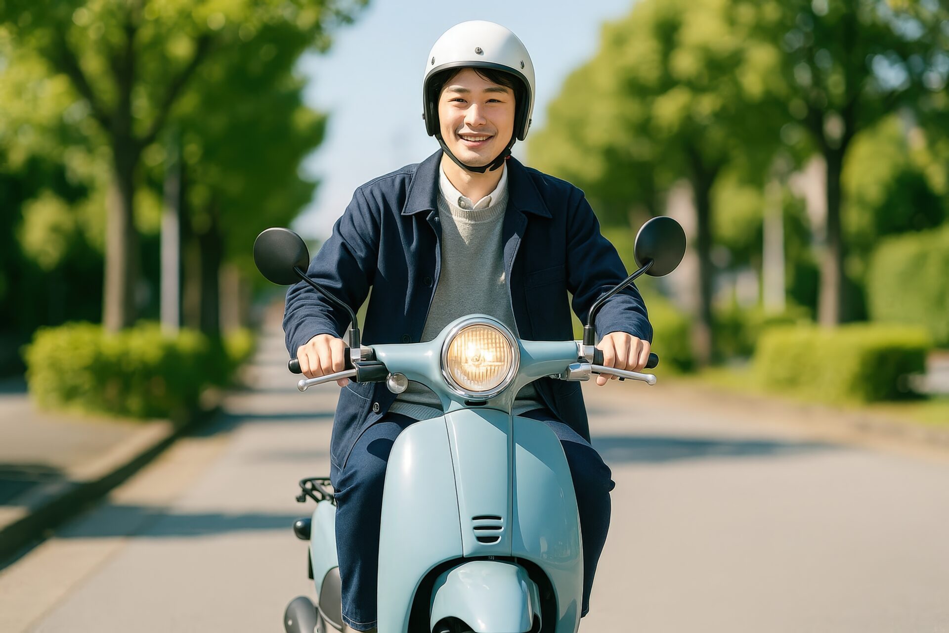 市街地の道路をスクーターで走行する若い男性