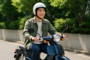 緑のジャケットでスクーターを運転する若い男性