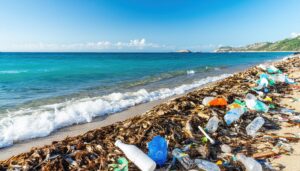 海岸に積もった漂流物とプラスチック