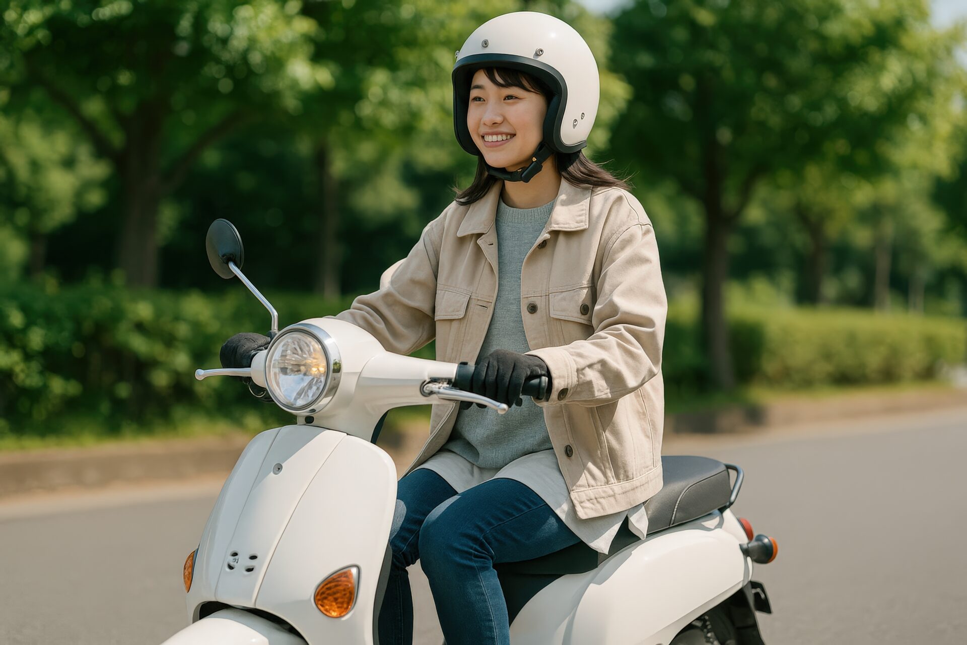 ヘルメット姿で原付きバイクに乗る若い女性