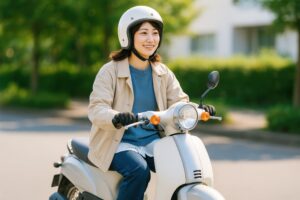 住宅街をスクーターで走る若い女性