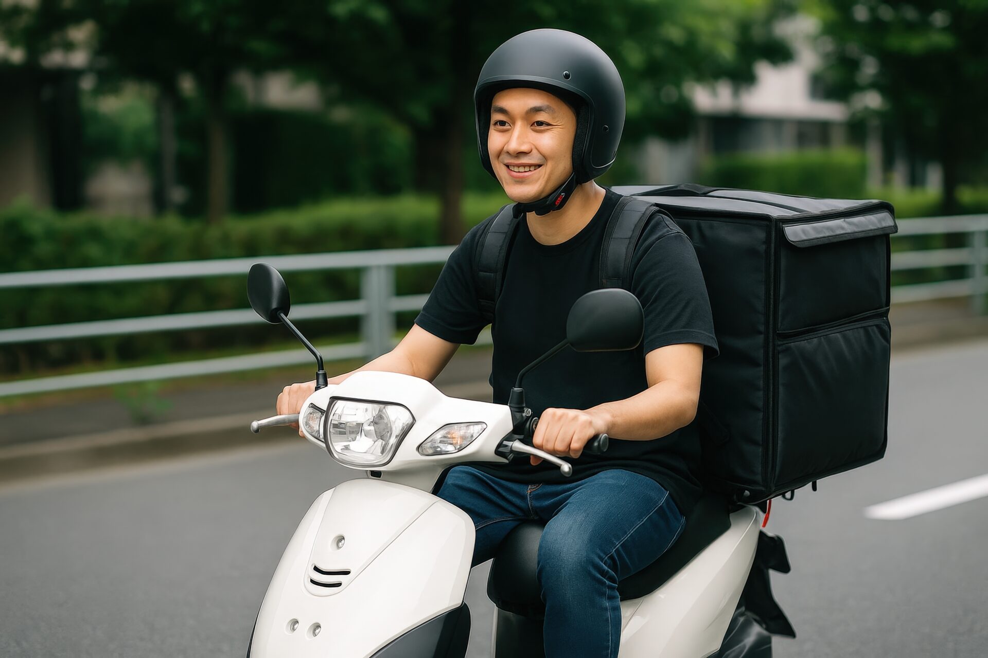 スクーターでフードデリバリー中の配達員