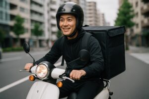 街中を走行するフードデリバリーの配達員