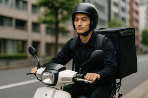 真剣な表情で原付バイクを運転するデリバリー配達員