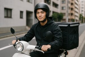 住宅街で配達中のフードデリバリーライダー