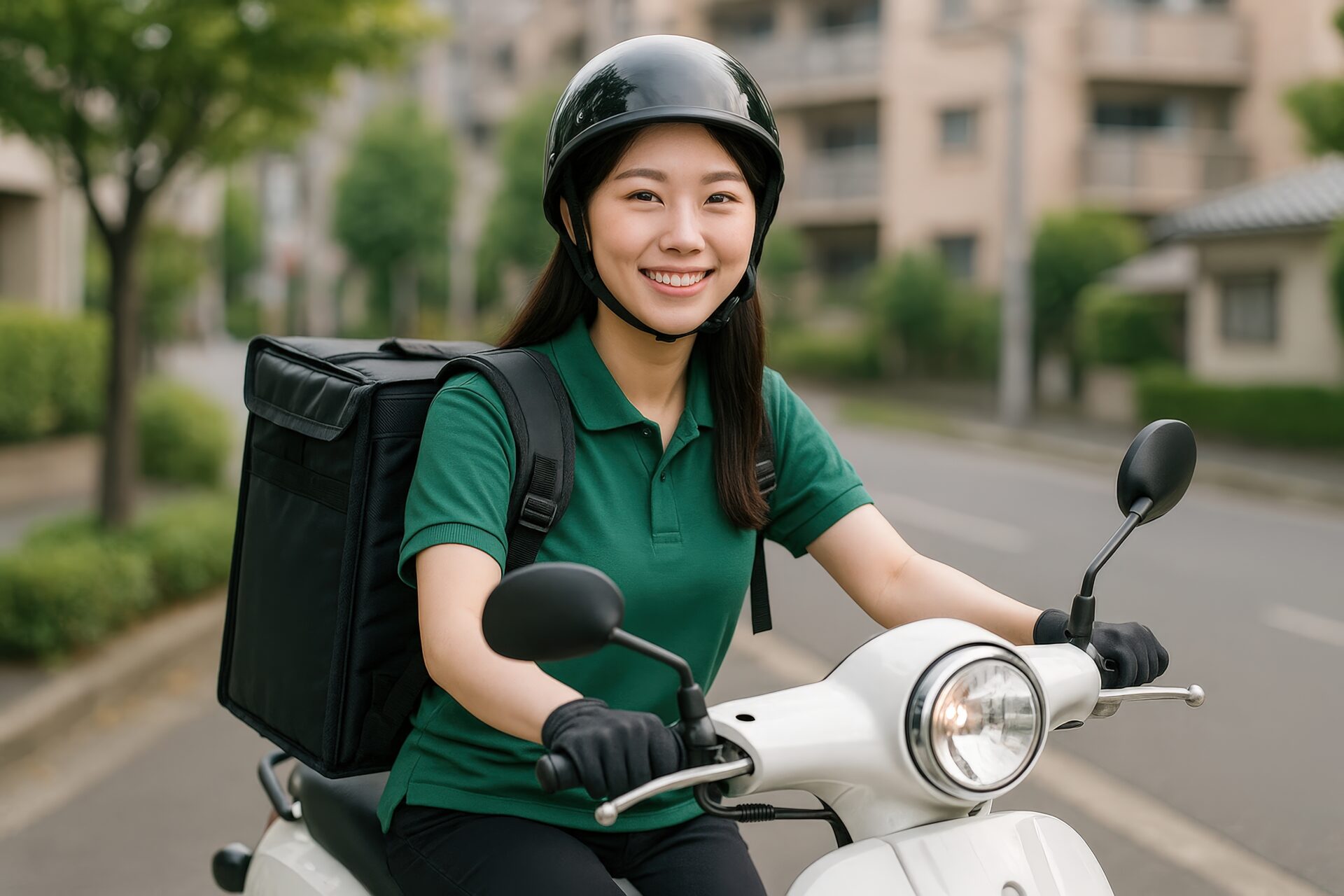 笑顔で配達するフードデリバリーの若い女性