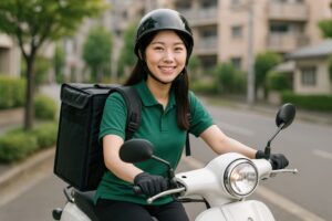 笑顔で配達するフードデリバリーの若い女性