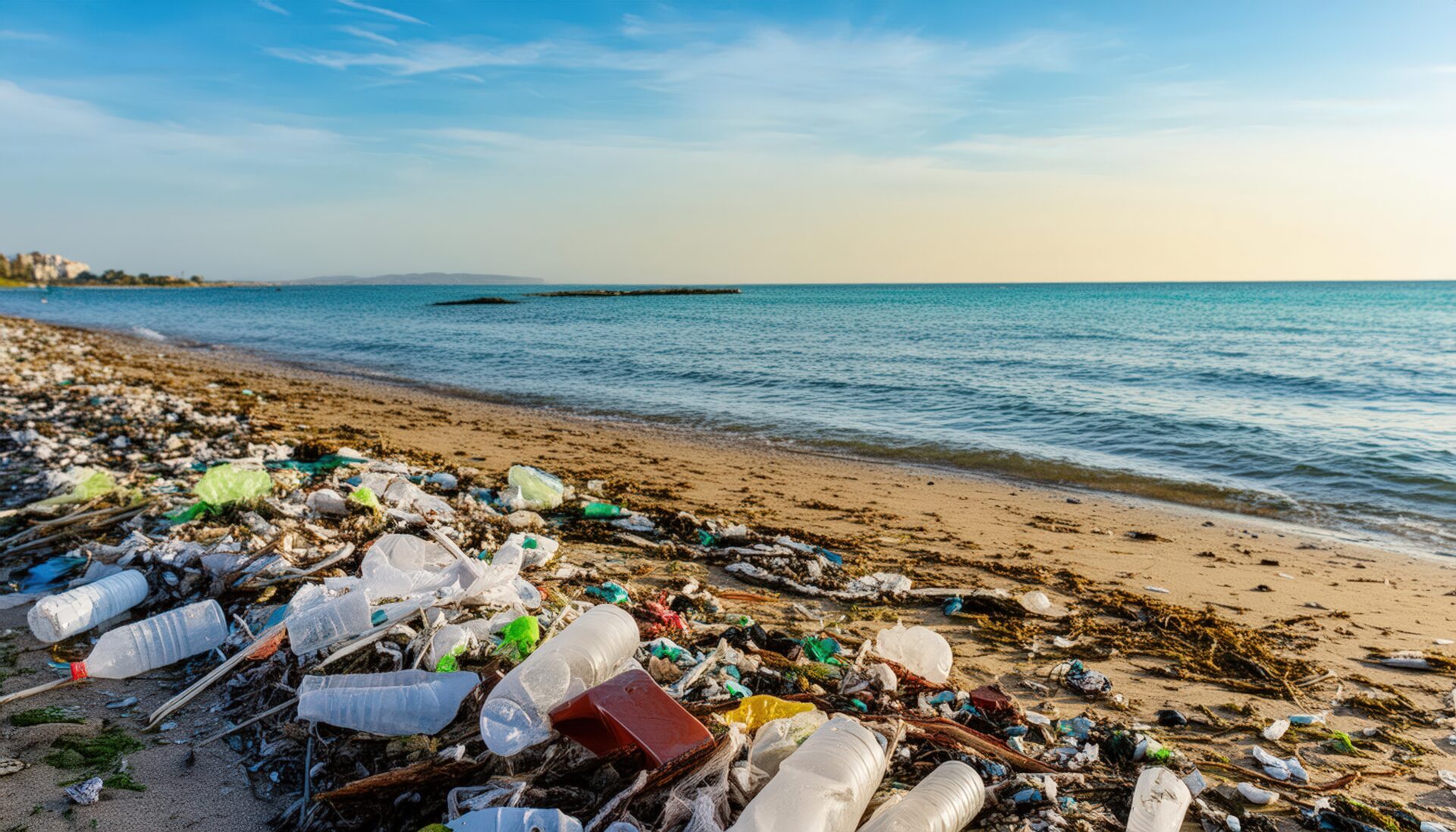 砂浜に散乱するプラスチックボトル