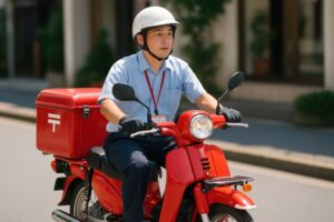 郵便バイクに乗って配達する郵便局職員