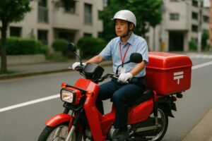 住宅街で郵便物を配達する郵便局員